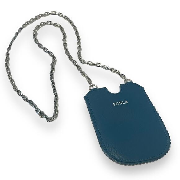 Furla Card Holder Blue Green Teal Silver Tone Chain - Picture 1 of 4